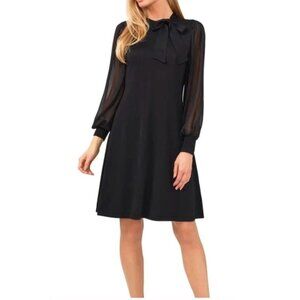 CeCe Tie Neck Long Sleeve Cotton Sweater Dress | Casual Classic Black Style